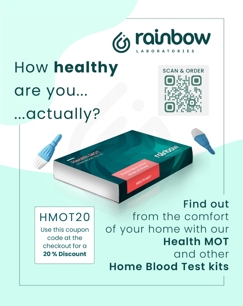 Rainbow Laboratories Health MOT home blood test kit with 20% discount coupon code HMOT20