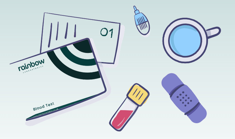 A Healthy and Happy Life is just a blood test away. Rainbow Laboratories blood test kit with illustrated medical items.